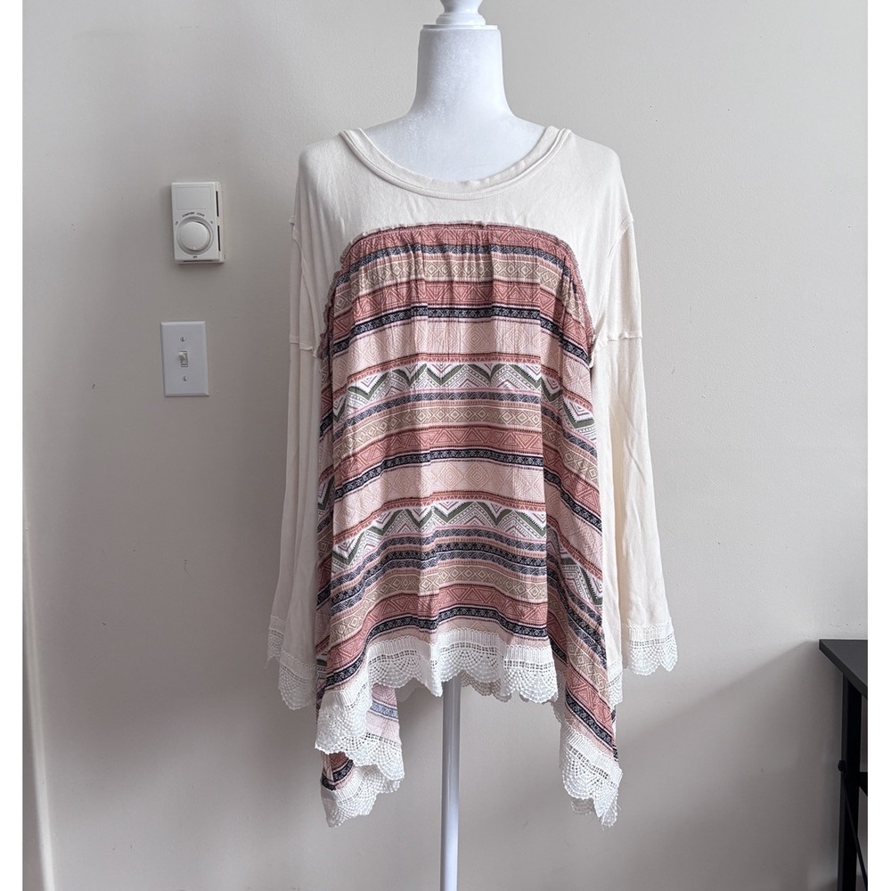 POL Tunic Top Relaxed Fit Flowy Boho Womens Large Cottage Fairy Cute Patchwork